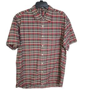 Mens Shirt Size XL Button Front Plaid Tan Red Blue Short Sleeve Collared Pocket